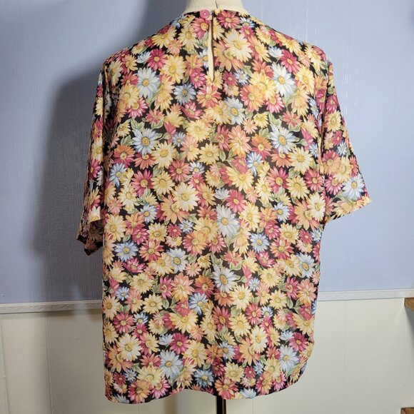 Unbranded 2X Gold Pink Blue Floral Rayon Chiffon Shortsleeve Lightweight Blouse - Picture 7 of 9